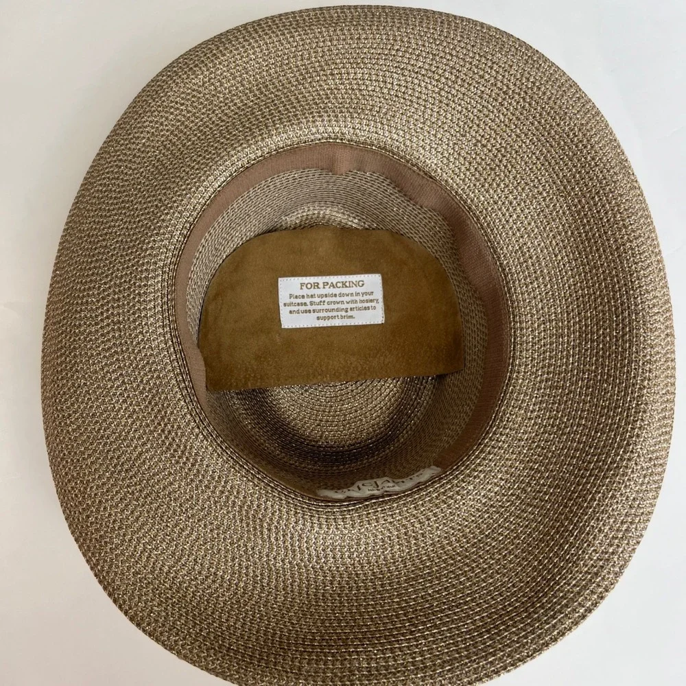 Eric Javits New York Squishee Straw Hat Gold Tan Wide Brim Buckle Packable